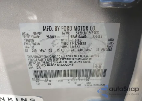 2010 Lincoln Mkx z USA, uszkodzony, nr VIN 2LMDJ6JC1ABJ02045